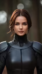 a woman in a black cat suit in the woods