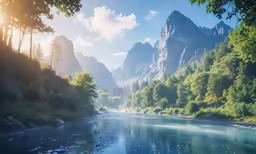 the sun is shining down on the mountain peaks