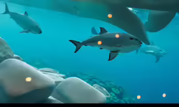 the two large white sharks are swimming in the blue water