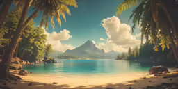 a landscape painting showing a mountain lake and palm trees