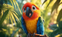 a brightly colored parrot standing on top of a tree branch