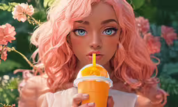 a girl is holding a cup with a straw and a beverage in it,a girl with pink hair and blue eyes drinking from a sip cup