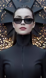 a woman with sunglasses on wearing a black shirt