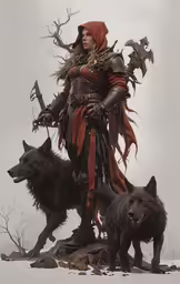 an elf standing with three black dogs