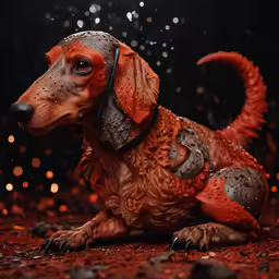 a dog with wet hair is sitting on the ground
