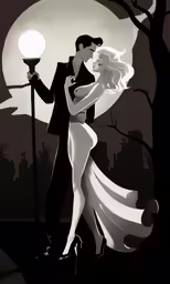 a couple dressed in formal clothes is dancing under a full moon