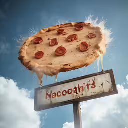 a sign with some pizza on top, and ice hanging off of it
