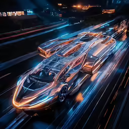 an futuristic vehicle driving down a highway at night