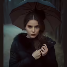 a woman standing in a forest holding an umbrella