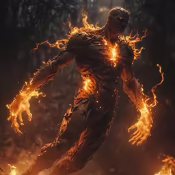 a man wearing flames around his body in the dark