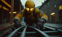 a person in a yellow outfit with yellow lighting