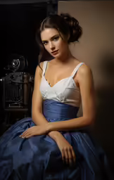 a woman with a camera sitting next to her