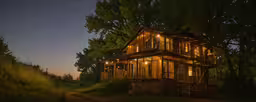 a home with a lit up porch sits among tall trees,a house in the evening with light from outside