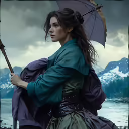 a woman standing next to a lake holding an umbrella