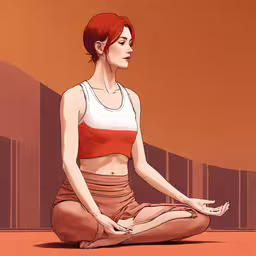 red haired woman in orange and white top sitting down in yoga pose,a woman is sitting in a lotus pose