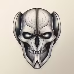 a skull drawn with black ink and a human face