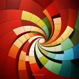 multicolored art showing spiral movement on red backdrop