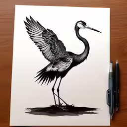 a drawing of a crane with wings spread out