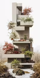 many trees and plants are growing from a building