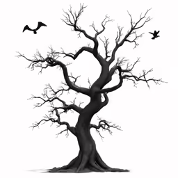 two bats are hanging on an old tree