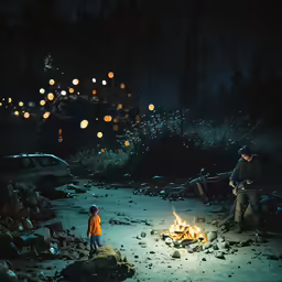 a little boy standing next to a fire with people
