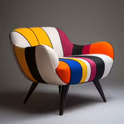 a brightly colored chair sitting in front of a wall