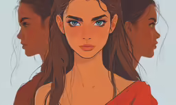 three young women with blue eyes and long brown hair