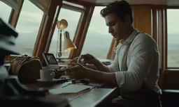 a man working on his laptop at a wooden desk in a room with high windows