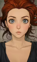a woman with red hair and blue eyes
