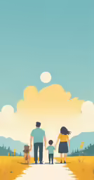 a painting of a man and woman and their child walking on a road