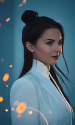 a woman with long dark hair is looking away from the camera
