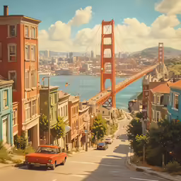 a painting of a bridge with cars on it, as a building stands in the foreground