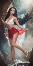 a woman in high heels posing by some water