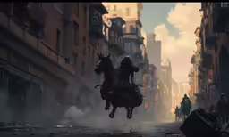 a horse jumping into the air in an old city