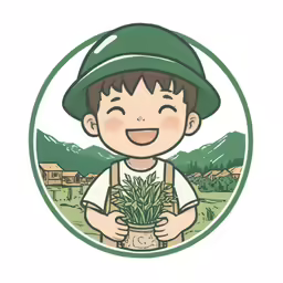 the boy is wearing a green hat and holding a plant