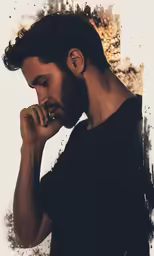 the man is looking ahead as he holds his head in his hands