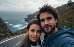 a man and a woman taking a selfie on the side of a road