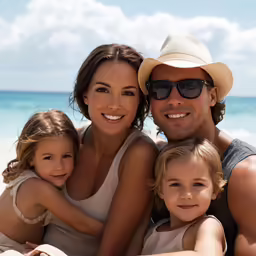 a happy family is on the beach hugging each other