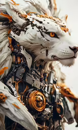 an image of the face of a white tiger with rusty gears