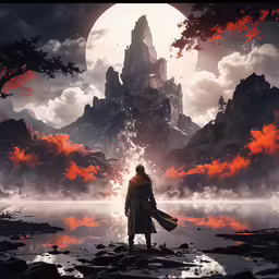 man standing on a shore facing a waterfall in front of a sky with clouds