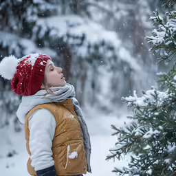 a girl with a hat and scarf standing next to a tree