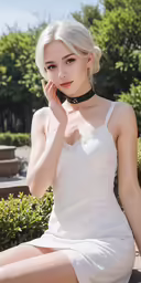 a beautiful woman with short white hair wearing a halter dress