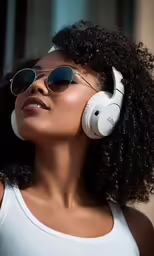 a woman wearing headphones and sunglasses is standing