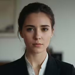 a woman in business clothes stares into the camera