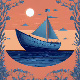 the sailboat is sailing on the ocean with the sun in the background,an illustrated scene of a boat in the water