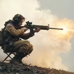 a man crouching down with a gun