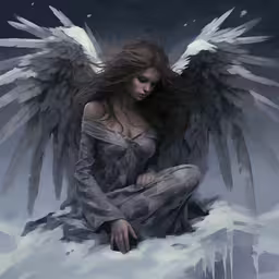 an angel sitting on the snow with her wings spread out,a woman with wings sitting on the ground