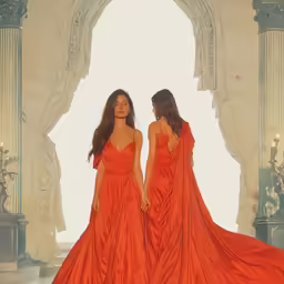 two beautiful women in orange dresses standing next to each other