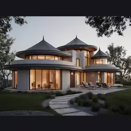 a large round home with lots of windows and a patio