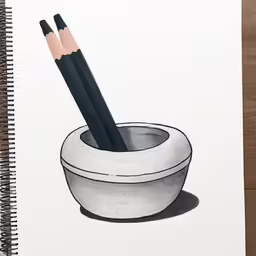 two pencils are in a clay bowl on a desk